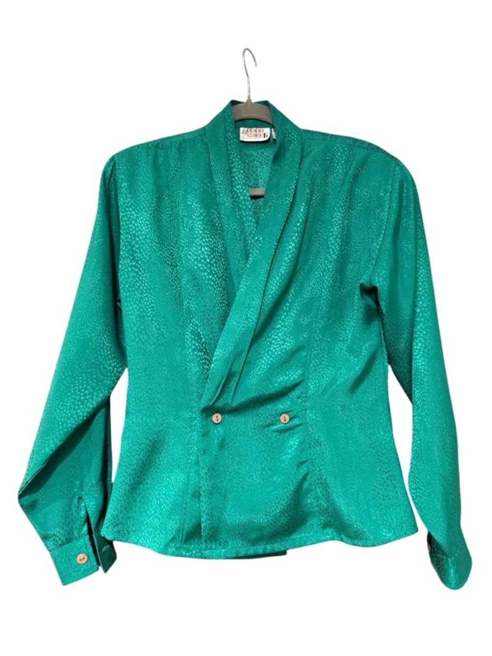 Vintage Emerald Satin Wrap Blouse 90s Textured Jacquard Top S/M - Picture 4 of 9